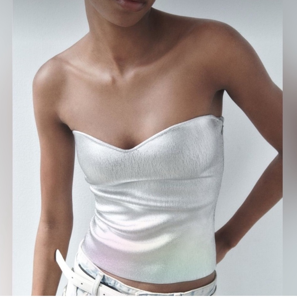 Zara NWT silver metallic stretchy sweetheart neck bandage strapless tube top - Picture 3 of 5